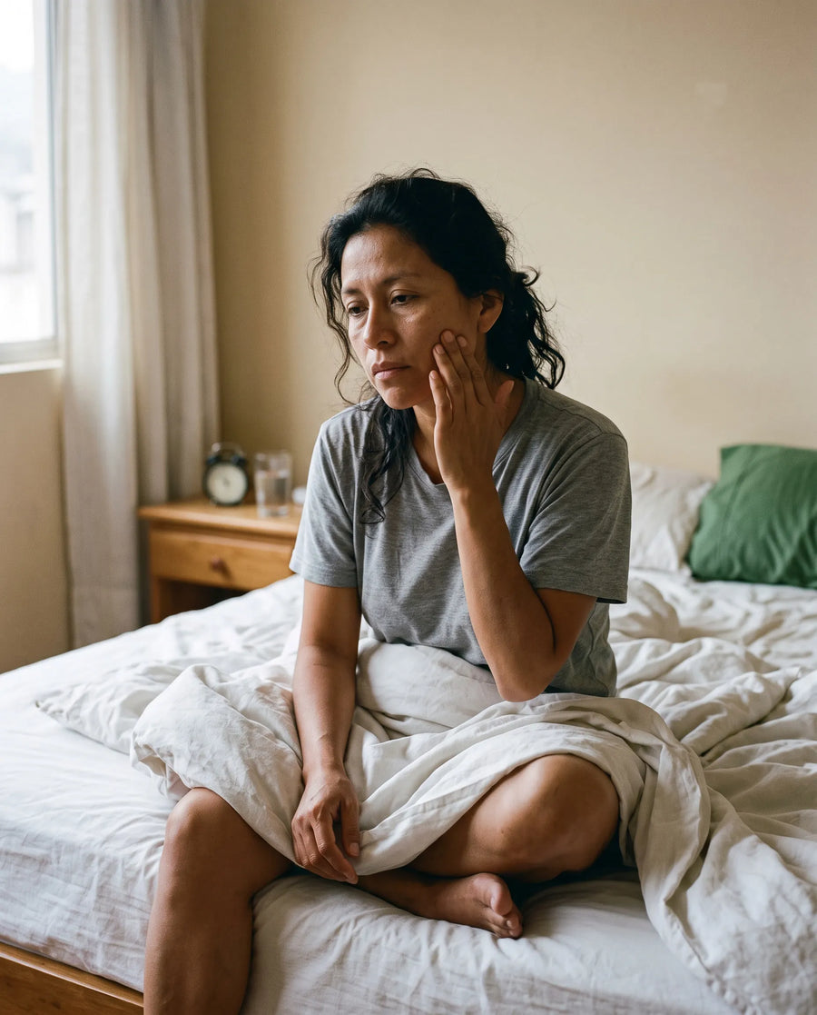 Mujer tocándose el rostro al despertar