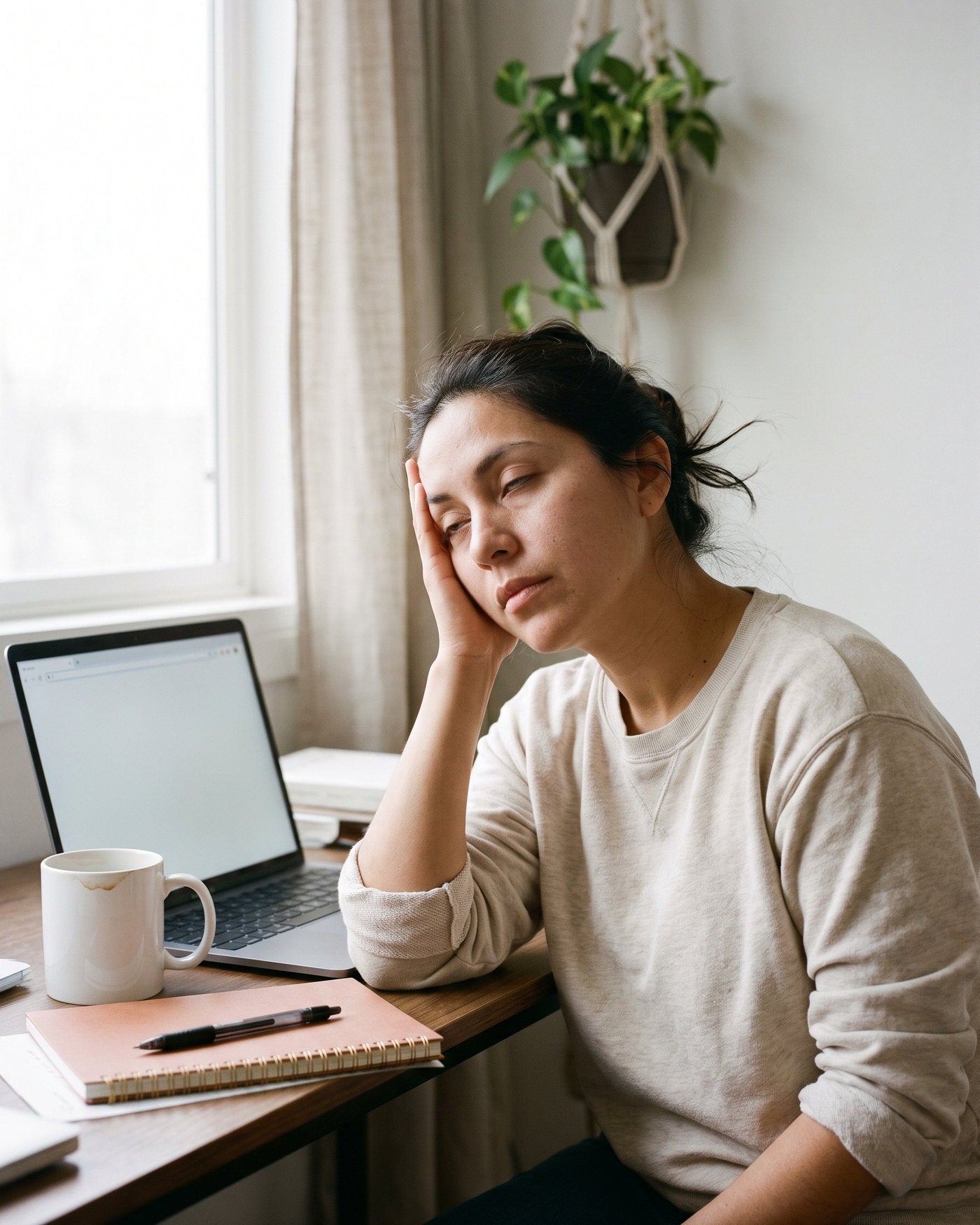 Mujer cansada frente al escritorio con la taza de café vacía
