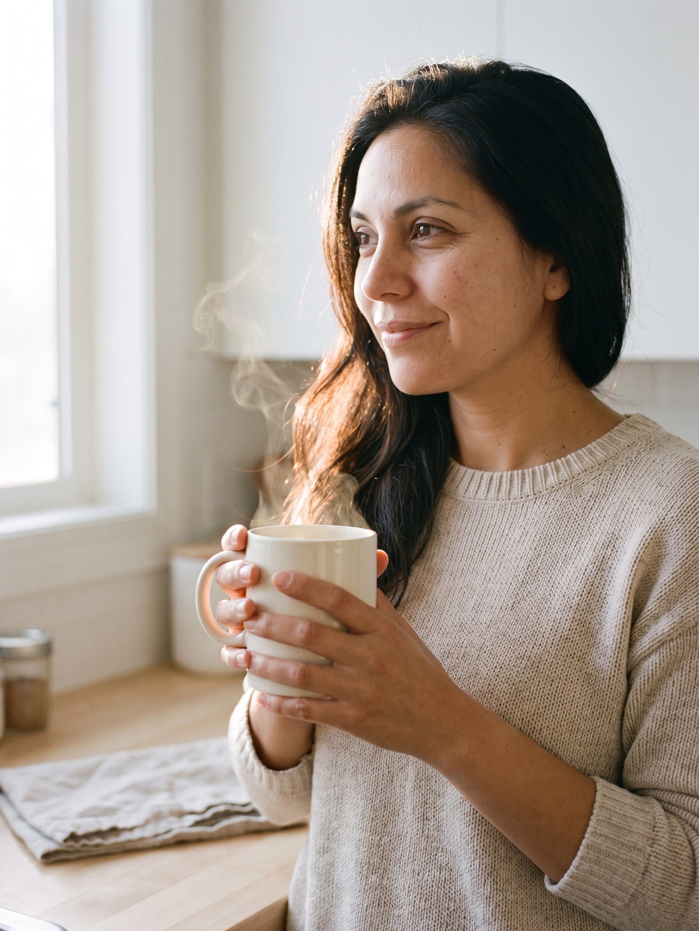 Mujer con su taza recién servida junto a la ventana en la mañana